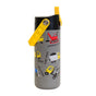 The Elemental Stainless Steel Kids Water Bottle, 18oz, features a gray design with colorful construction vehicles, a yellow pop fidget handle with circular grips, and a black leakproof flip-top lid.