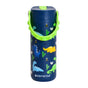 The Elemental Stainless Steel Kids Water Bottle, 18oz, features navy blue color, colorful dinosaur prints, a light green pop fidget handle, leakproof design, and “Elemental” printed near the base.