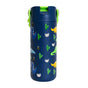 The Elemental Stainless Steel Kids Water Bottle, 18oz, features a green and blue flip-top lid, a pop fidget handle, and is decorated with colorful cartoon dinosaurs and green cacti. It's leakproof and perfect for kids.