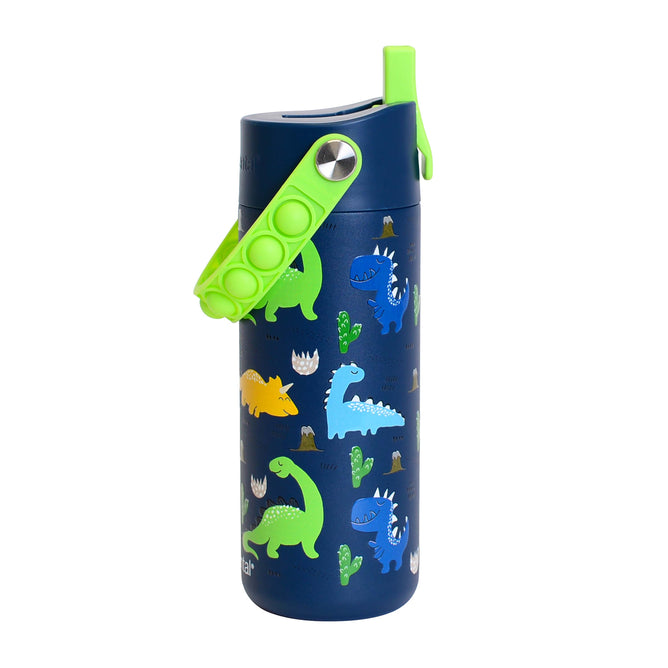The Elemental Stainless Steel Kids Water Bottle, 18oz, features a navy blue design with a green handle and spout plus colorful cartoon dinosaurs and plants. Leakproof—perfect for school or outdoor fun.