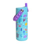 The Elemental Stainless Steel Kids Water Bottle, 18oz, features a light blue design with colorful sea creatures, a purple flip-up spout and handle with bubble grips. Leakproof and practical, it’s perfect for little ones.