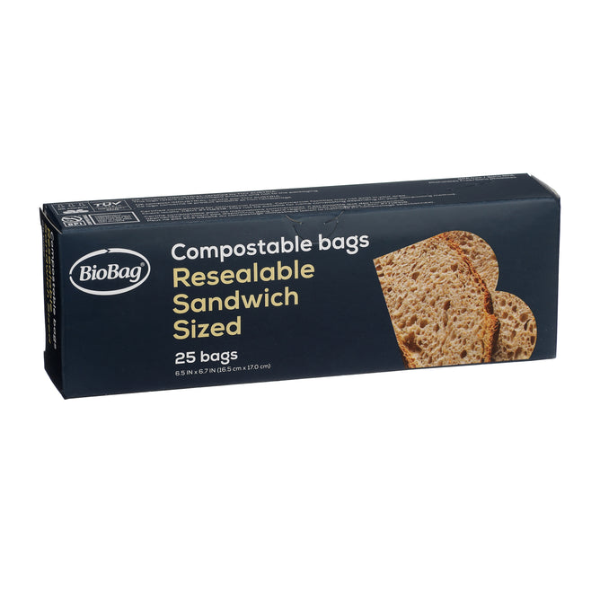 A box of BioBag Resealable Sandwich Bags contains 25 plant-based compostable bags. The packaging shows bread slices on a dark background with yellow and white text.