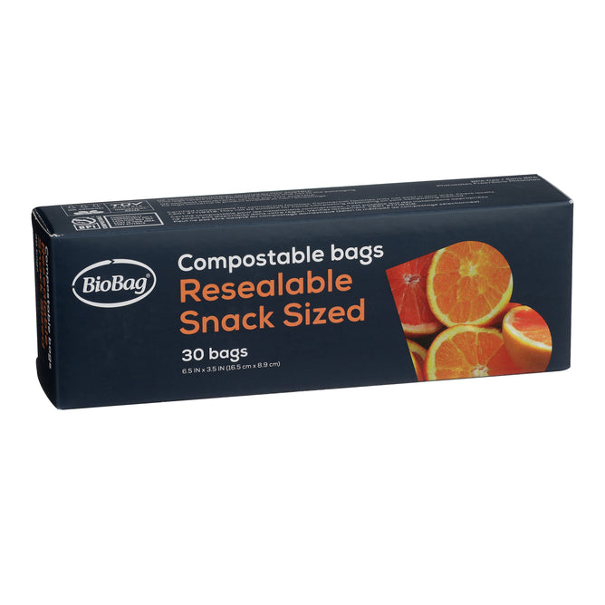 BioBag Resealable Snack Bags—compostable snack-sized bags in a 30-count box. Packaging displays orange slices and highlights that these eco-friendly, resealable bags are perfect for snacks.