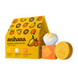 Anihana Shower & Body Gift Set: a yellow and orange box with fruit designs, includes three bath products—round yellow soap, orange soap bar, and white-yellow shower steamer—made with nourishing ingredients.