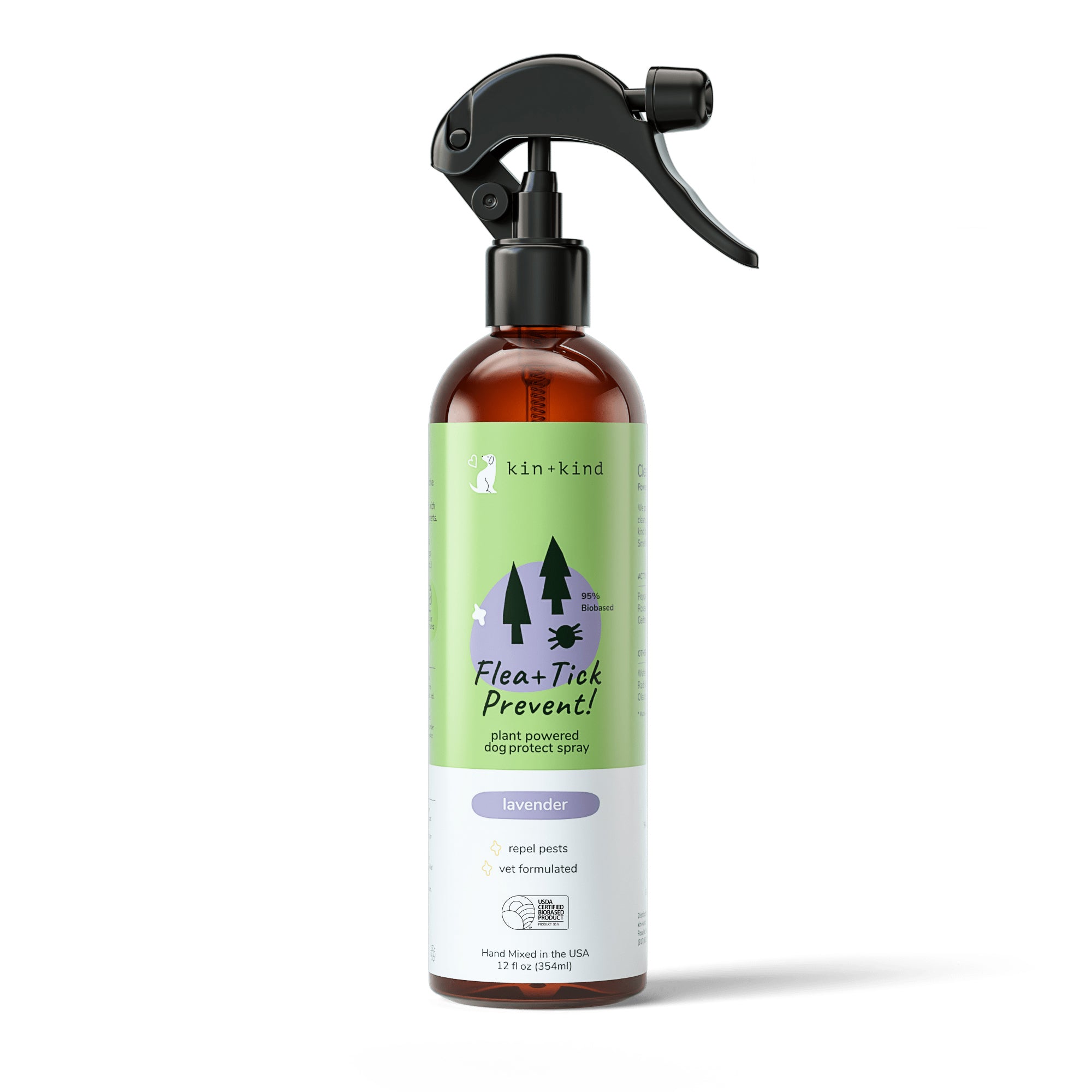 The 12 fl oz (354 ml) kin+kind Flea+Tick Protect Spray for Dogs features a brown bottle with a black spray nozzle and green tree design. This vet-formulated, hypoallergenic spray uses essential oils with a lavender scent to naturally repel pests.