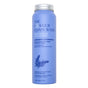 A cylindrical blue bottle labeled The Powder Foam Wash with lavender and chamomile, described as a relaxing body foam wash for all skin types, featuring an illustration of lavender flowers.