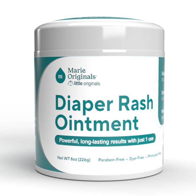 A white and teal container of Marie Originals Triple Action Diaper Rash Ointment, 8oz (226g), offering powerful, long-lasting results with just one use. Paraben-free, dye-free, and phthalate-free.