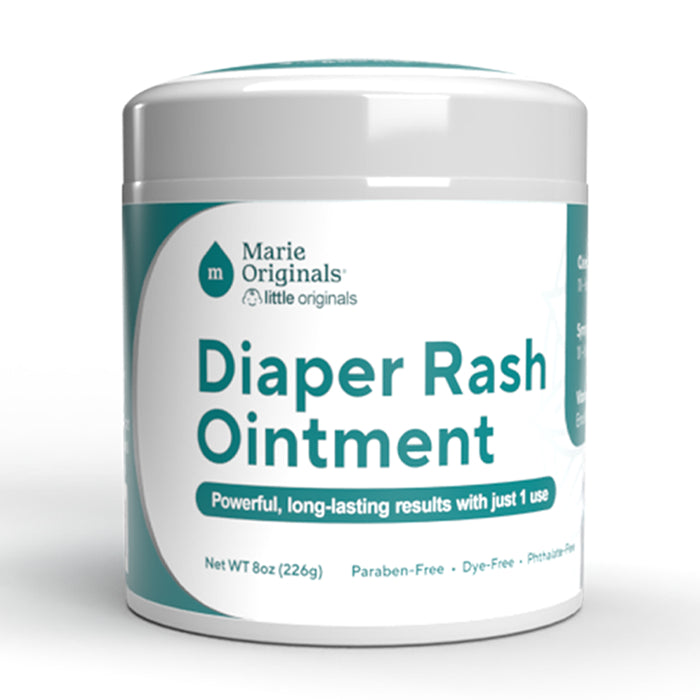 A white and teal container of Marie Originals Triple Action Diaper Rash Ointment, 8oz (226g), offering powerful, long-lasting results with just one use. Paraben-free, dye-free, and phthalate-free.