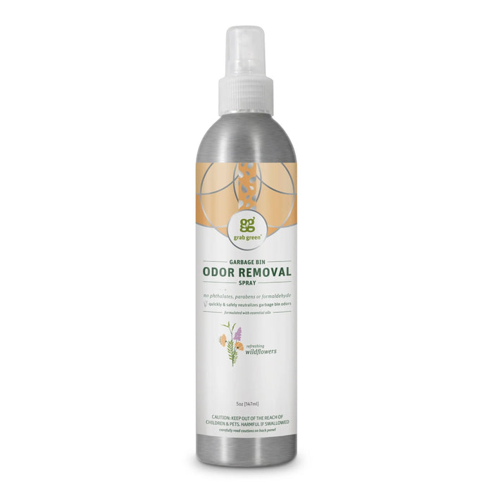 A silver spray bottle labeled Baby Diaper Pail Odor Removal Spray – Wild Flowers by grab green. This non-toxic, eco-responsible spray uses zinc ricinoleate and is free from harsh chemicals to remove odors effectively.