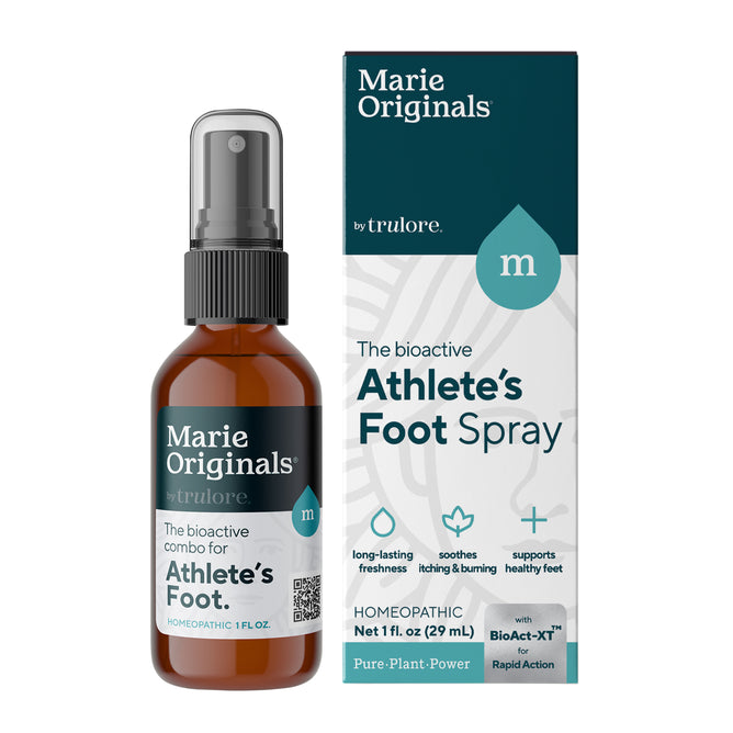A brown Marie Originals Athlete's Foot Relief Spray bottle is displayed beside its box, which highlights benefits such as soothing itching, long-lasting freshness, and support for healthy feet.