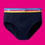 A pair of Flo Reusable Cotton Period Underwear by Here We Flo in black, featuring a blue, pink, and yellow striped waistband with Flo text, set against a bright pink background.