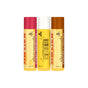 Three Burt’s Bees Lip Balm Cozy Season tubes stand upright in a row, displaying their names and logos on a clean white background.