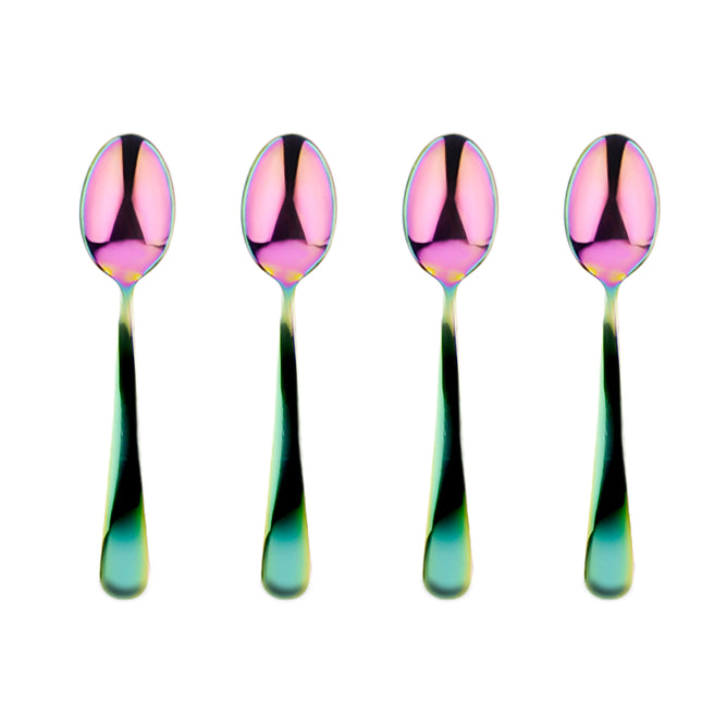 Four Ahimsa Baby Starter Spoons with a metallic, iridescent rainbow finish are arranged in a row on a white background—stylish, non-toxic stainless steel utensils for babies.