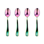 Four Ahimsa Baby Starter Spoons with a metallic, iridescent rainbow finish are arranged in a row on a white background—stylish, non-toxic stainless steel utensils for babies.