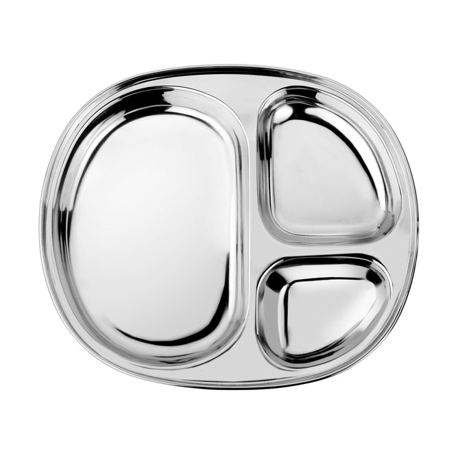 The Ahimsa Balanced Bites Divided Plate features three stainless steel compartments of different sizes, shown from above on a white background—ideal for serving balanced meals to kids.