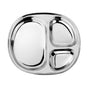 The Ahimsa Balanced Bites Divided Plate features three stainless steel compartments of different sizes, shown from above on a white background—ideal for serving balanced meals to kids.