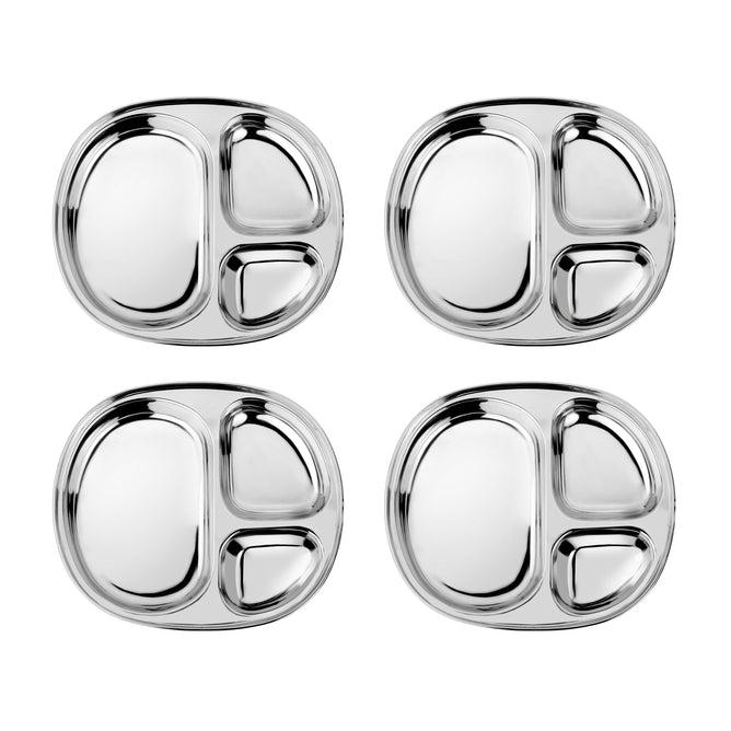 Four Ahimsa Balanced Bites Divided Plates, each in stainless steel with three square compartments, arranged on a white background—non-toxic and perfect for encouraging balanced meals for kids.