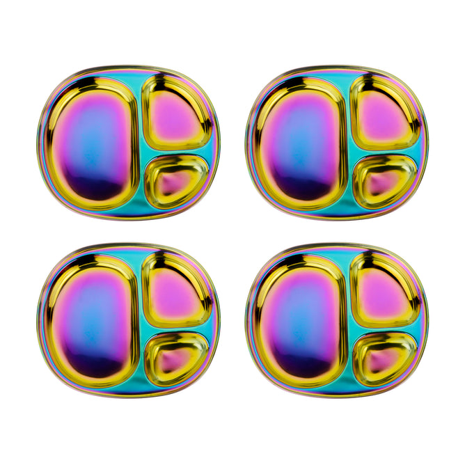 Four Ahimsa Balanced Bites Divided Plates, made of iridescent stainless steel with three compartments each, are shown in a grid. These non-toxic kids' plates feature gold, pink, purple, and blue gradients—ideal for balanced meals.
