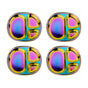 Four Ahimsa Balanced Bites Divided Plates, made of iridescent stainless steel with three compartments each, are shown in a grid. These non-toxic kids' plates feature gold, pink, purple, and blue gradients—ideal for balanced meals.