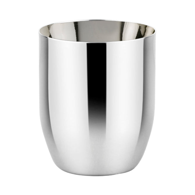 The Ahimsa Conscious Cup is a shiny, metallic silver stainless steel kids cup with rounded edges and a reflective finish, ideal for open-cup drinking. It is shown against a plain white background.