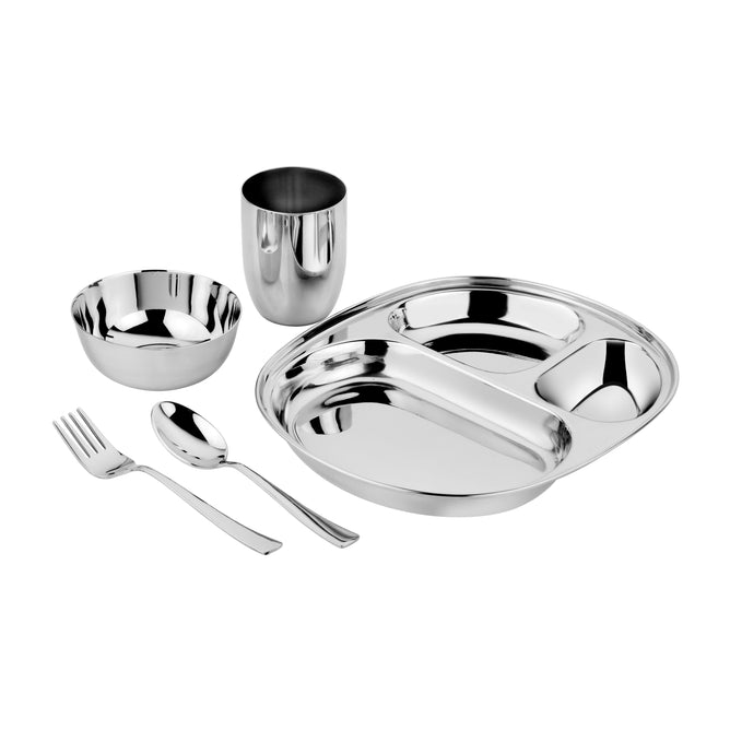 The Ahimsa Mindful Mealtime Set is a stainless steel kids dinnerware set that includes a divided plate, bowl, cup, fork, and spoon—ideal for organized toddler feeding.