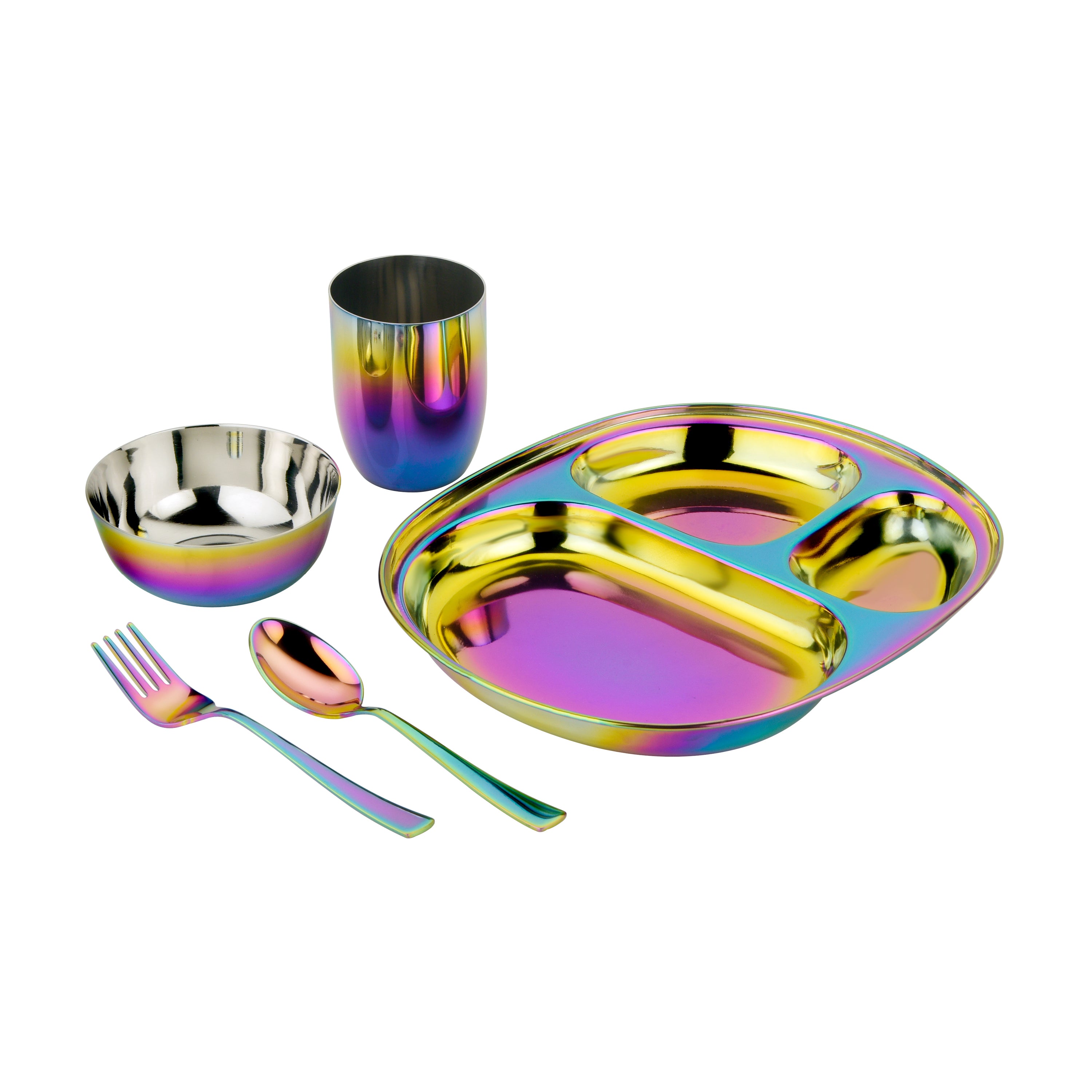 The Ahimsa Mindful Mealtime Set is a five-piece stainless steel kids dinnerware set with a shiny rainbow iridescent finish. It includes a divided plate, bowl, cup, fork, and spoon for a fun mealtime experience.