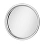 The Ahimsa Purposeful Plate is a round, silver stainless steel dinner plate with a smooth, reflective finish and raised rim, shown from above on a white background.