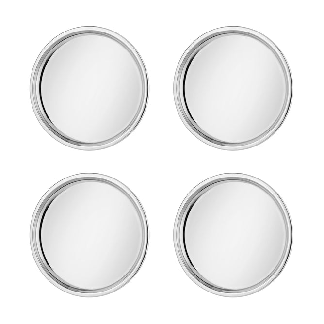 Four Purposeful Plates by Ahimsa—round, stainless steel dinner plates arranged in a 2x2 grid on a white background, viewed from above. These non-toxic plates are perfect for safe mealtimes with kids.