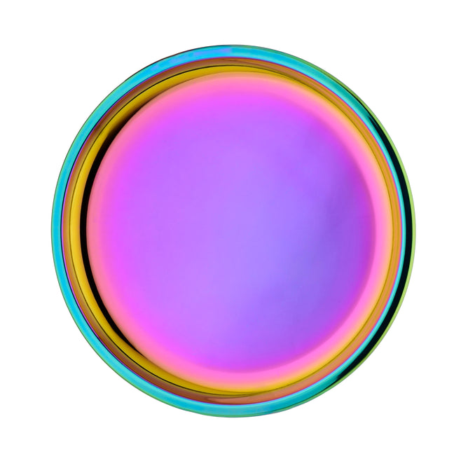 The Ahimsa Purposeful Plate, designed by pediatricians, features a round, iridescent surface with smooth gradients of purple, pink, yellow, blue, and green that stand out against a white background.
