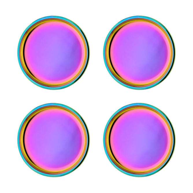Four iridescent, circular Purposeful Plates by Ahimsa, featuring purple, pink, blue, and yellow gradients, are arranged in a 2x2 grid on a white background—non-toxic dinnerware that's both safe and stylish for kids.