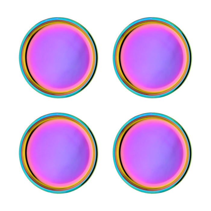 Four iridescent, circular Purposeful Plates by Ahimsa, featuring purple, pink, blue, and yellow gradients, are arranged in a 2x2 grid on a white background—non-toxic dinnerware that's both safe and stylish for kids.