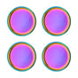 Four iridescent, circular Purposeful Plates by Ahimsa, featuring purple, pink, blue, and yellow gradients, are arranged in a 2x2 grid on a white background—non-toxic dinnerware that's both safe and stylish for kids.