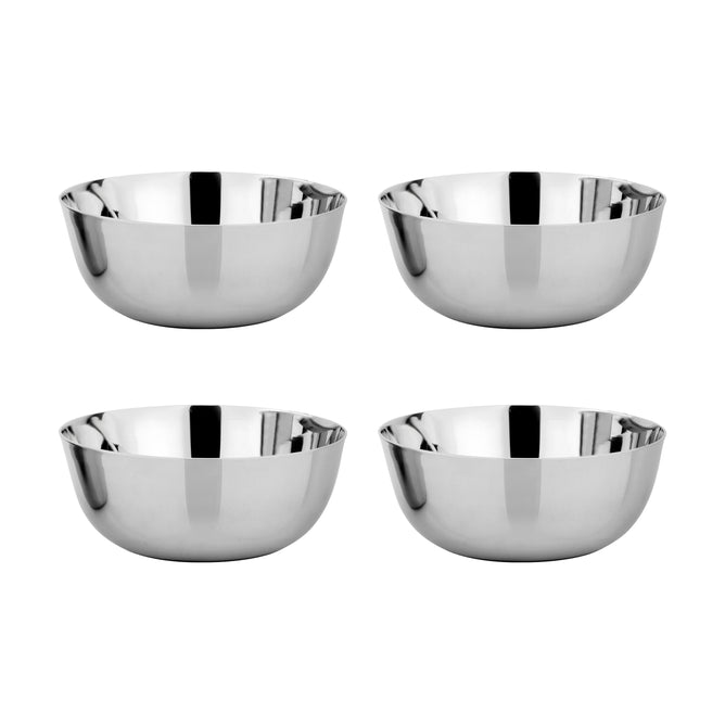 Four shiny Ahimsa Simple Serve Bowls, all MADE SAFE certified stainless steel, are arranged in two rows on a white background.