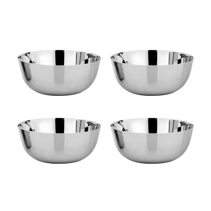 Four shiny Ahimsa Simple Serve Bowls, all MADE SAFE certified stainless steel, are arranged in two rows on a white background.