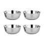 Four shiny Ahimsa Simple Serve Bowls, all MADE SAFE certified stainless steel, are arranged in two rows on a white background.