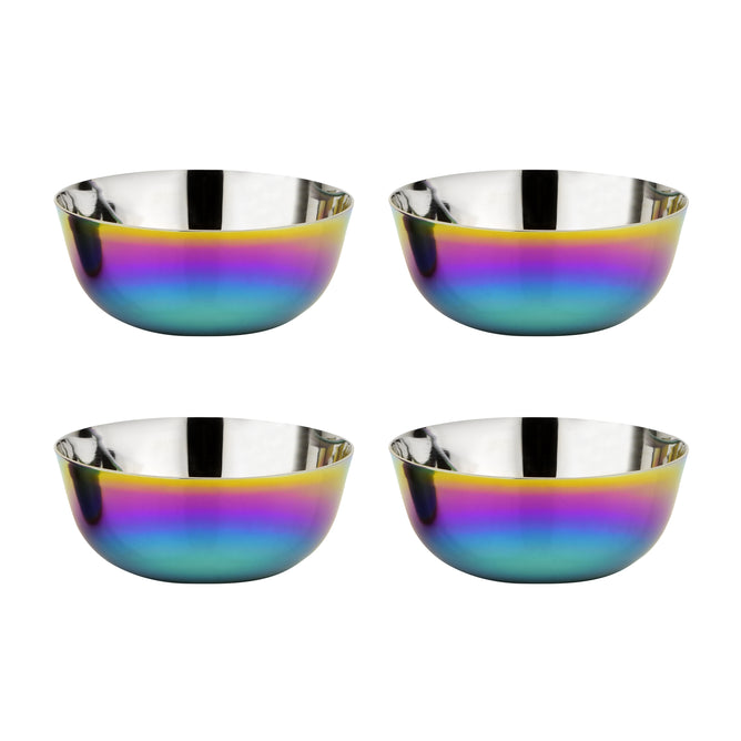 The Ahimsa Simple Serve Bowls Set features four stainless steel kids' bowls with a shiny iridescent finish in blue, purple, and yellow. MADE SAFE certified and non-toxic, they are arranged in two rows on a white background.