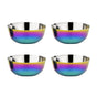The Ahimsa Simple Serve Bowls Set features four stainless steel kids' bowls with a shiny iridescent finish in blue, purple, and yellow. MADE SAFE certified and non-toxic, they are arranged in two rows on a white background.