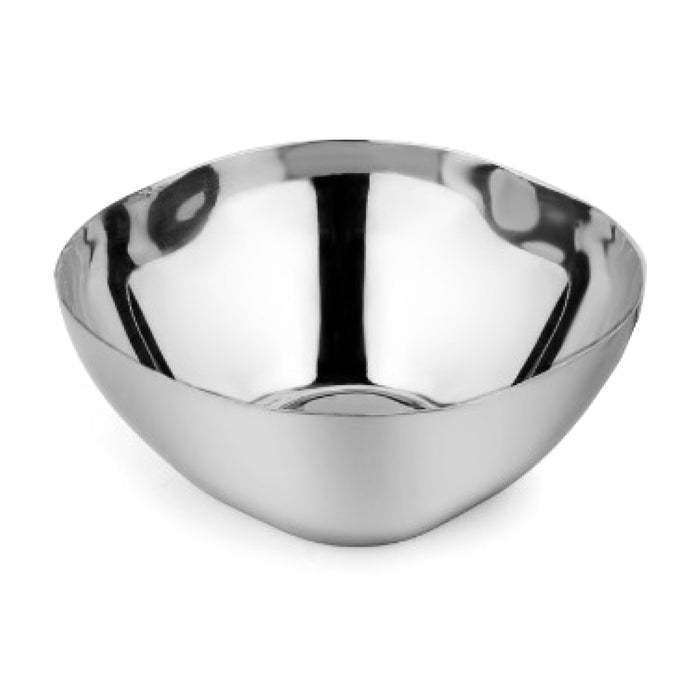 The Ahimsa Smart Snacking Bowl features a shiny, reflective stainless steel design with smooth, rounded edges for safe, plastic-free use. This non-toxic kids bowl is shown on a white background.