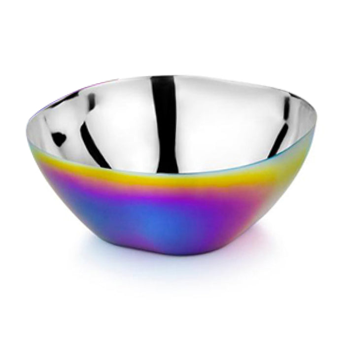 The Ahimsa Smart Snacking Bowl is a stainless steel, plastic-free kids bowl with a shiny silver interior and an iridescent blue, purple, and yellow exterior. Its organic shape makes it a safe, non-toxic choice for snacks.