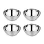 Four Smart Snacking Bowls by Ahimsa—shiny, round, stainless steel, non-toxic and plastic-free—are arranged in a grid on a white background.