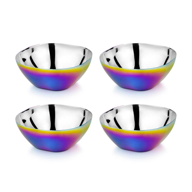 Four Ahimsa Smart Snacking Bowls, small and round with a shiny, iridescent stainless steel finish, offer a vibrant, non-toxic alternative to plastic for kids. Arranged in a grid on a white background.