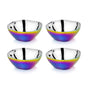 Four Ahimsa Smart Snacking Bowls, small and round with a shiny, iridescent stainless steel finish, offer a vibrant, non-toxic alternative to plastic for kids. Arranged in a grid on a white background.