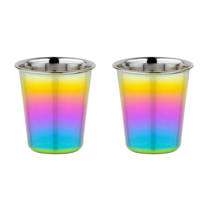 Two Ahimsa Starter Sips Cups—pediatrician-designed toddler cups with a rainbow gradient of yellow, orange, pink, purple, and turquoise—sit side by side on a white background. Non-toxic and safe for babies.