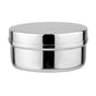 The Large Circle by Ahimsa is a round, shiny stainless steel food storage container with a matching lid, shown against a white background.