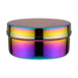 The Large Circle by Ahimsa is a round, stainless steel food storage container with a screw-on lid and an iridescent rainbow finish in purple, gold, blue, and green. Non-toxic lunch box shown on a plain white background.