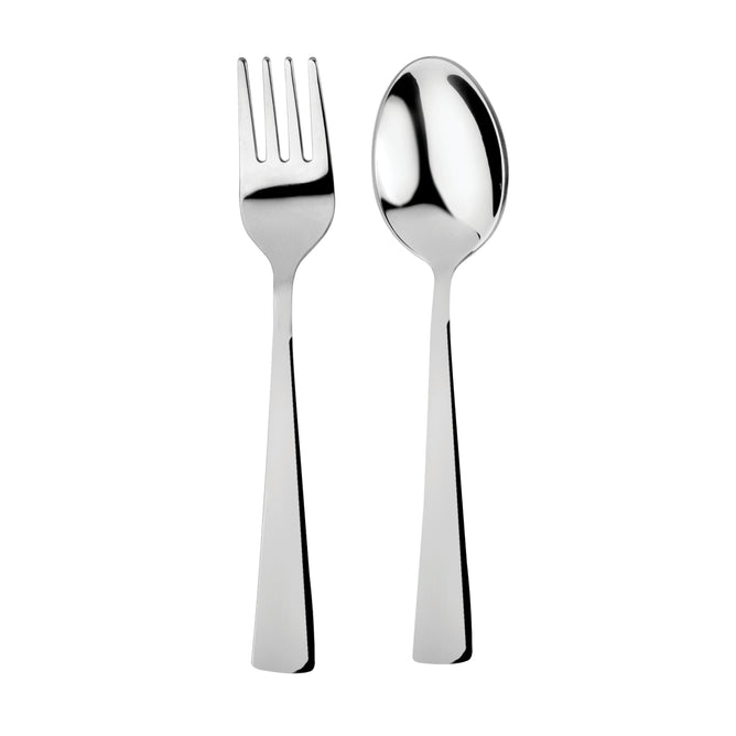 The Ahimsa Utensil Set for kids, featuring a stainless steel fork and spoon with modern handles, is displayed side by side on a white background.