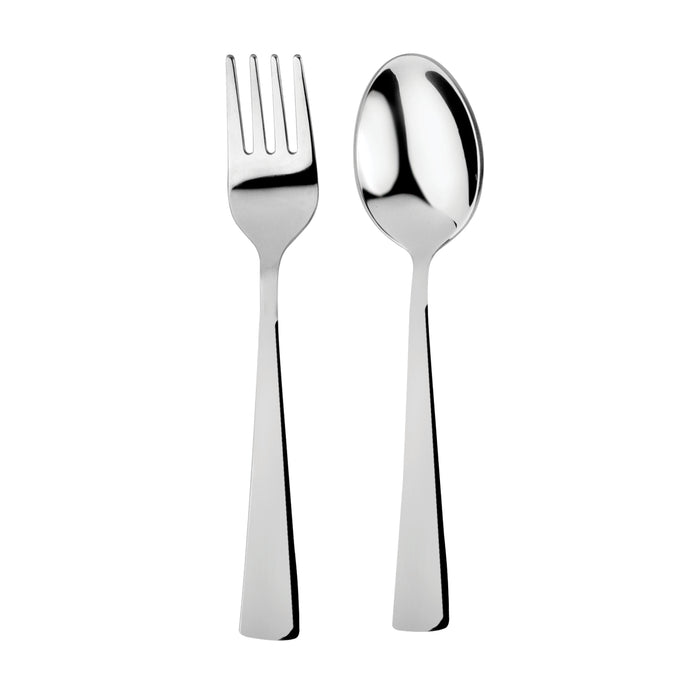 The Ahimsa Utensil Set for kids, featuring a stainless steel fork and spoon with modern handles, is displayed side by side on a white background.