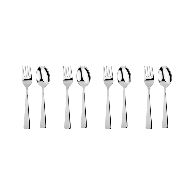 Six pieces of silverware—three forks and three spoons—from the Ahimsa Utensil Set are arranged in an alternating pattern on a white background, highlighting our stainless steel kids utensils.
