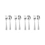 Six pieces of silverware—three forks and three spoons—from the Ahimsa Utensil Set are arranged in an alternating pattern on a white background, highlighting our stainless steel kids utensils.