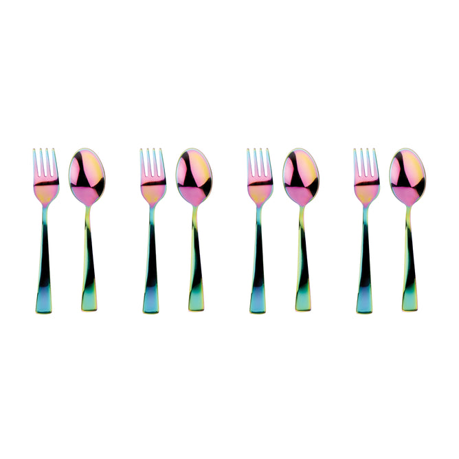 Six pieces from the Ahimsa Utensil Set—three forks and three spoons—are arranged alternately on a white background. This non-toxic kids flatware features a rainbow-colored, reflective finish.